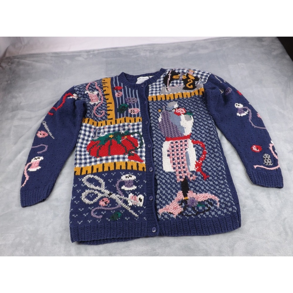 Faith Mountain Sweater/Cardigan Women's XL Navy/Multicolor Hand Knitted Sewing